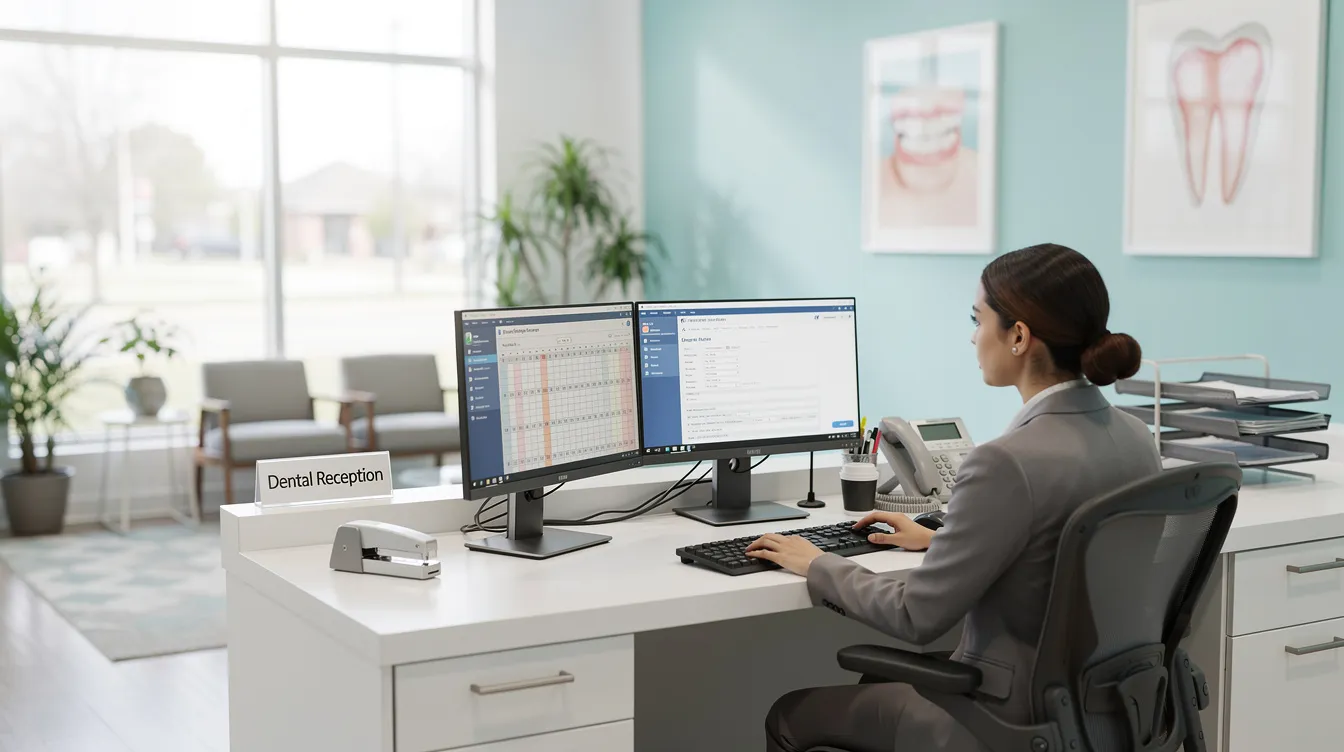 A front desk billing coordinator is seated at a computer in a dental office, managing patient information and processing dental claims. The coordinator is focused on submitting claims electronically to insurance companies and ensuring that patients understand their dental benefits and coverage options for various dental procedures.