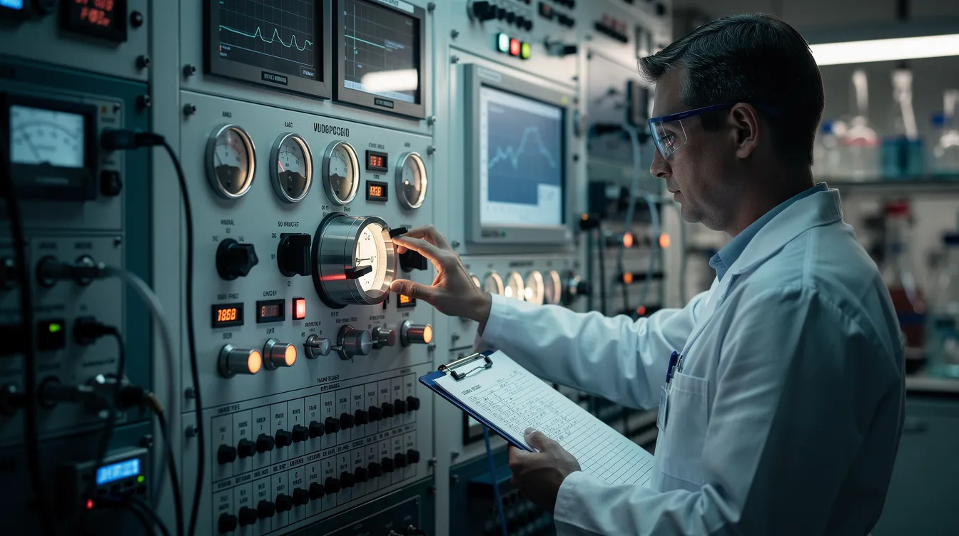 The image depicts a researcher intently adjusting dials on a complex instrument panel, representing the intricate observation and intervention processes in a scientific experiment. This scene symbolizes the exploration of internal neural patterns and the pursuit of understanding phenomenal consciousness within the framework of consciousness research.