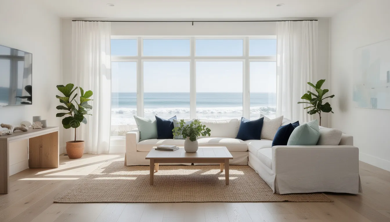 The image features a bright coastal living room with large windows that offer stunning ocean views, creating an inviting atmosphere perfect for relaxation. This space highlights the appeal of homes in Madison, CT, where buyers can enjoy the beauty of the Connecticut shoreline and the demand for properties in this desirable location.