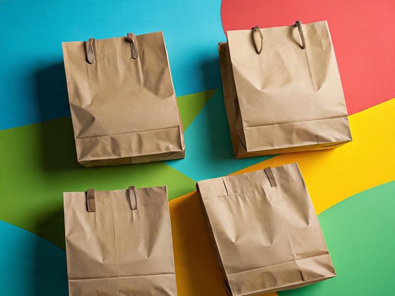 Four brown paper bags with handles placed on a colorful background.