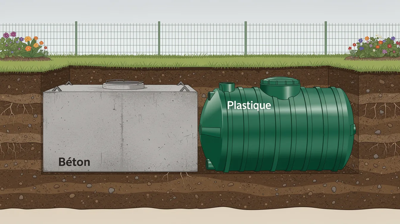L'image montre une comparaison entre deux cuves de récupération d'eau de pluie, l'une en béton gris et l'autre en plastique vert, installées côte à côte dans une tranchée de jardin. Cette illustration met en évidence les différences de matériaux et de conception pour le stockage de l'eau, soulignant l'importance de choisir la cuve adaptée à ses besoins en matière de récupération d'eau.