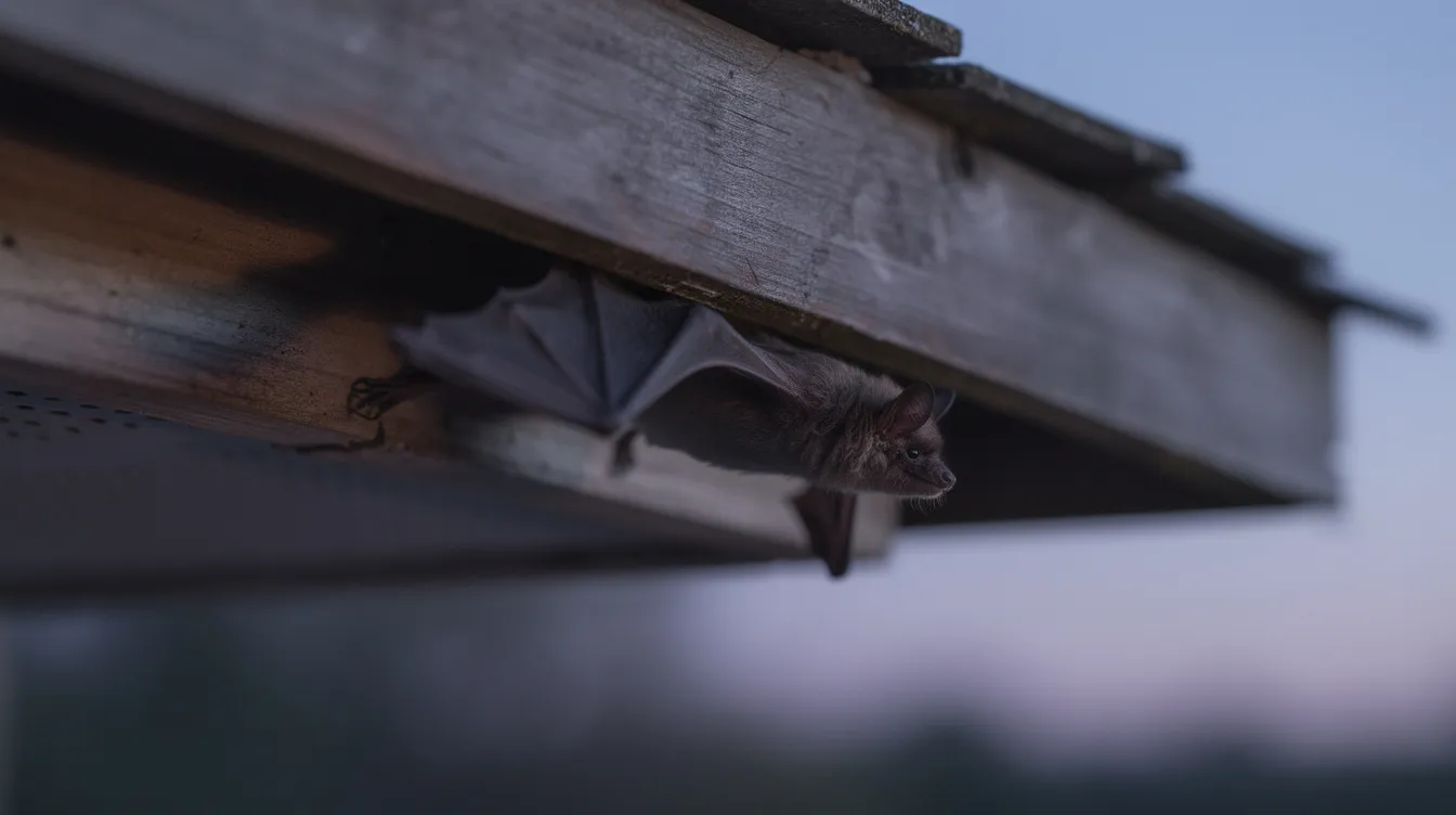 A big brown bat is seen emerging from a narrow gap beneath the roof fascia boards at dusk, indicating potential entry points for bat infestations. This image highlights the importance of professional bat removal services to address bat problems and prevent future infestations.