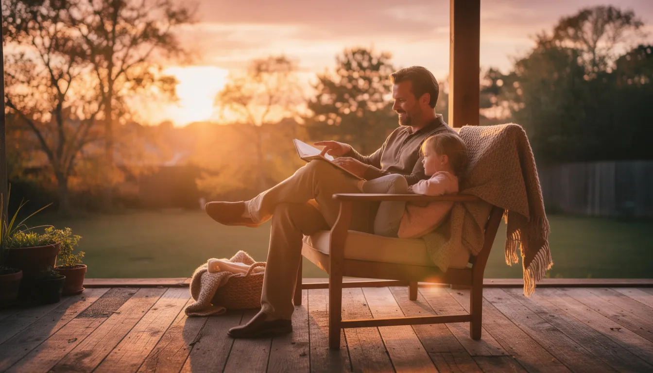 A father and daughter sit together on a porch at sunset, engrossed in reading God's word, illustrating the strong relationship and spiritual leadership within the family as they share moments of joy and growth in their faith. The warm glow of the setting sun enhances the serene atmosphere, symbolizing the light of Christ in their everyday life.