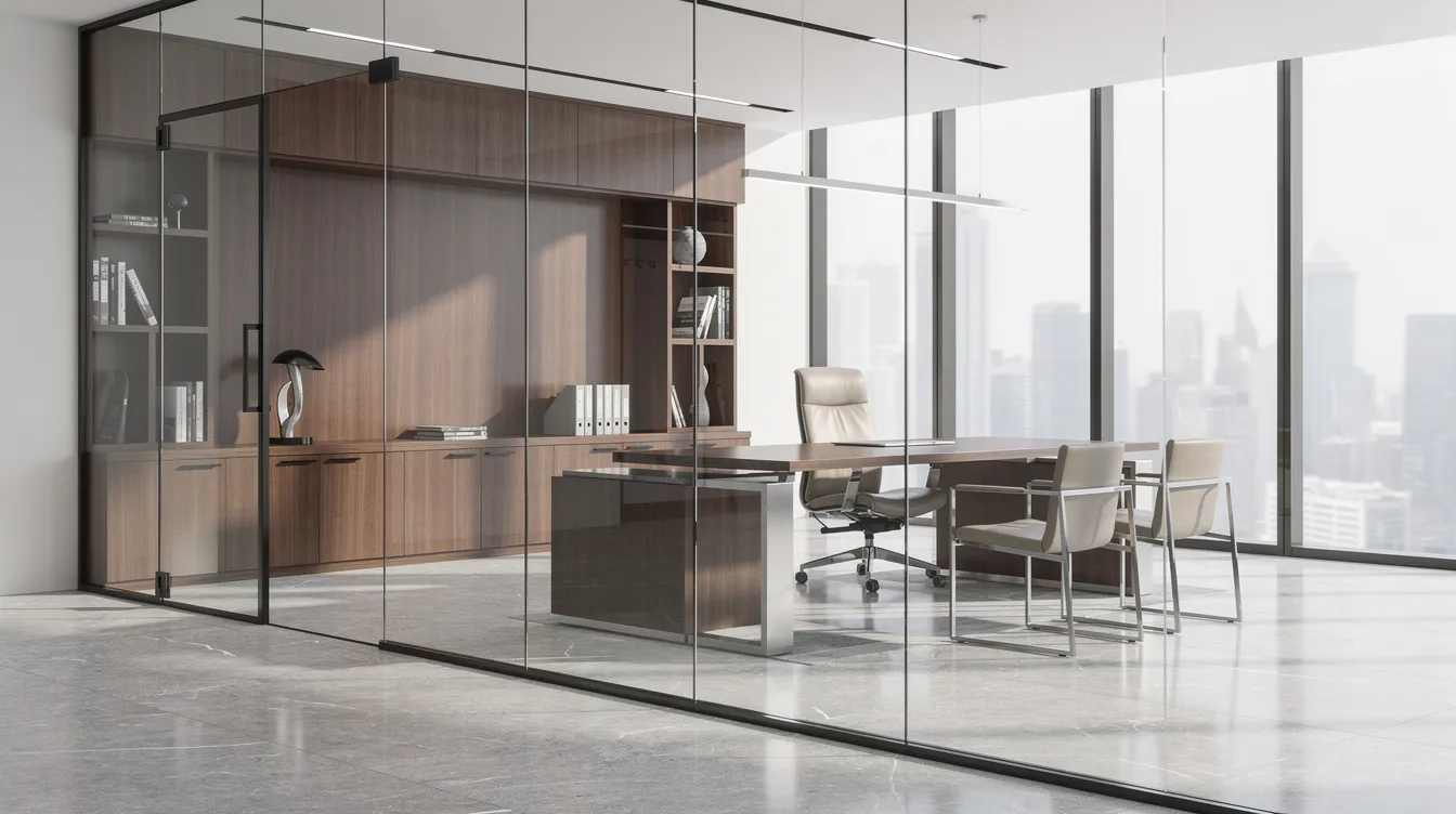 The image depicts a modern executive office interior featuring sleek glass partition walls, elegant wood millwork, and polished stone flooring, creating a sophisticated workspace. This design reflects contemporary commercial office space trends, highlighting the importance of aesthetics in commercial build out costs per square foot.