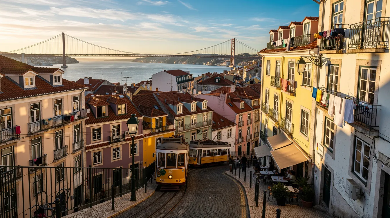 A imagem retrata uma vista panorâmica de Lisboa, Portugal, destacando suas colinas e arquitetura característica, incluindo edifícios históricos e o famoso rio Tejo ao fundo. A cidade, rica em cultura e história, é um importante destino turístico na Europa Ocidental.