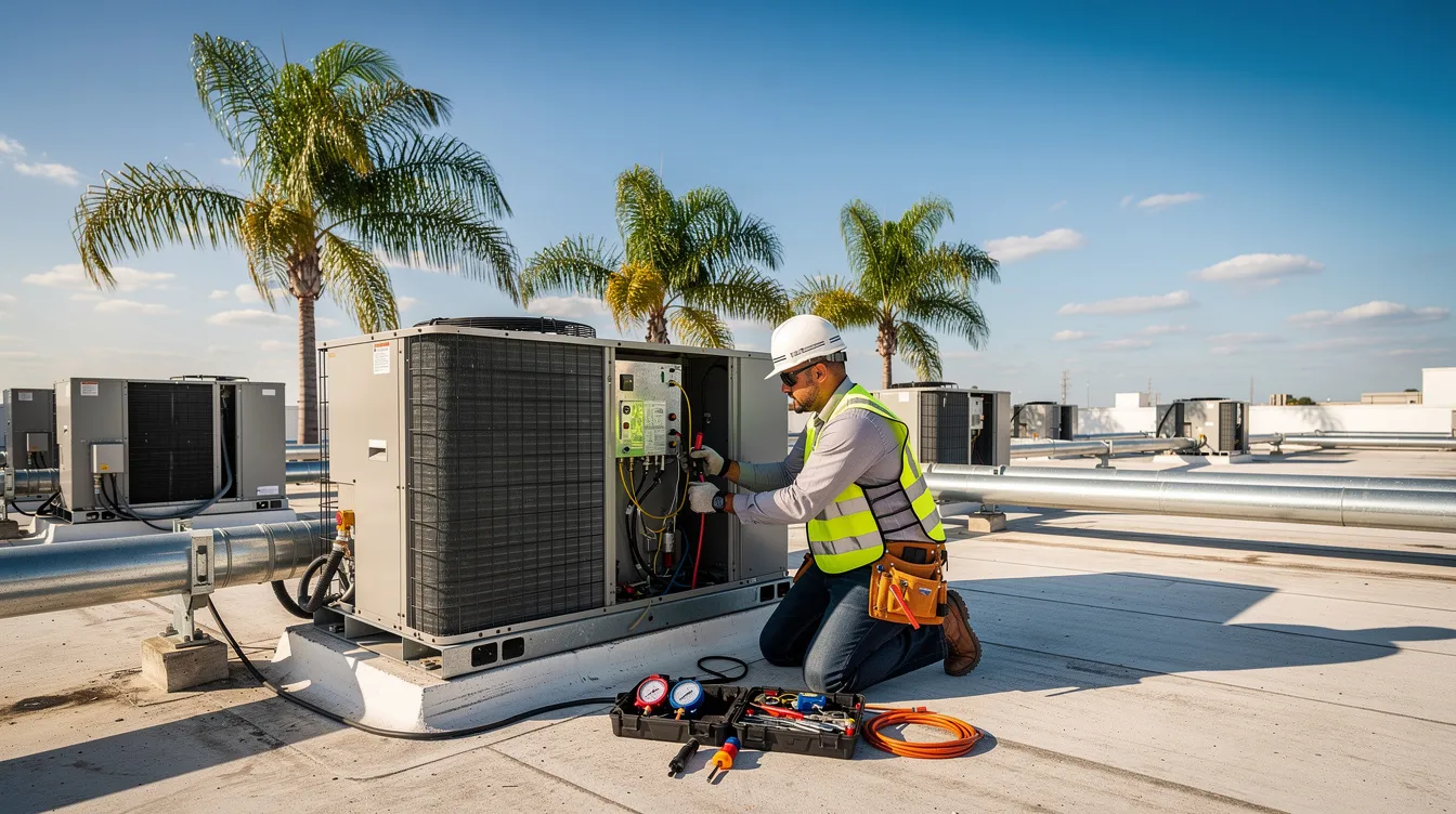 A contractor is working diligently on an air conditioning unit located on a rooftop, surrounded by palm trees and a clear blue sky. This scene reflects the essential services provided by home service contractors, showcasing their expertise in HVAC systems.