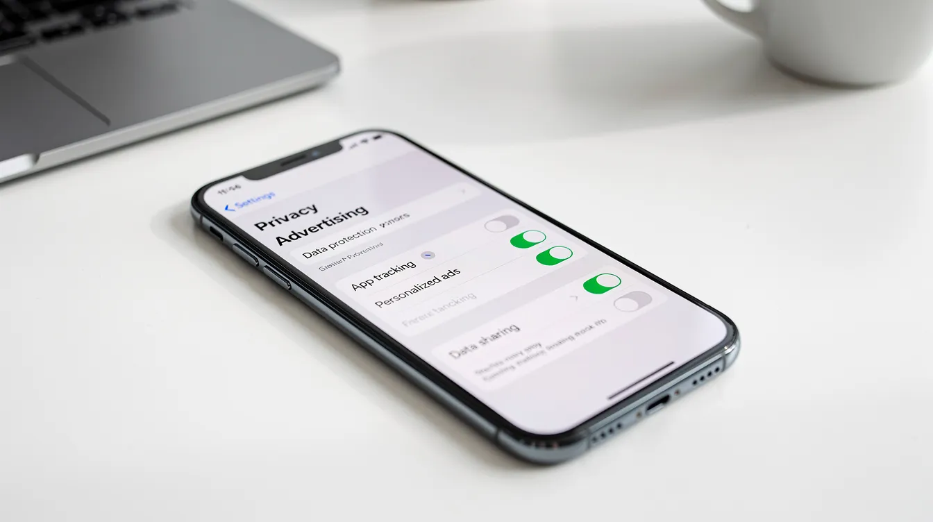 The image depicts a smartphone screen displaying various privacy and advertising settings, including options to opt out of data collection and manage sensitive personal information. Users can submit a deletion request for their consumer data and review their marketing preferences to enhance their privacy.