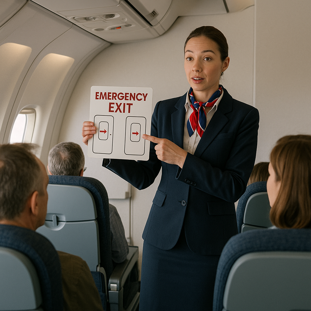 A flight attendant demonstrating safety procedures to passengers, emphasizing the importance of emergency exits.