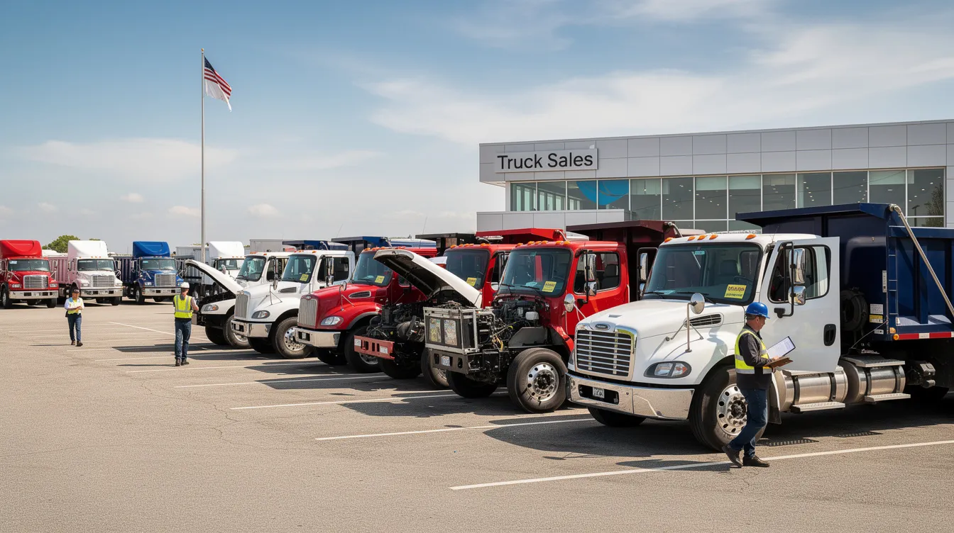 The image shows a commercial truck dealership lot in New Jersey, featuring a variety of heavy-duty trucks, including dump trucks and day cabs, lined up for customers to inspect. This inventory is designed to meet the specific needs of business owners looking to purchase the right truck for their work.