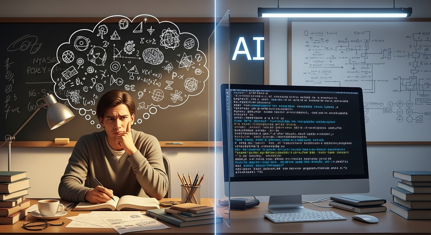 Academic scene showing human thinking contrasted with AI-generated language.