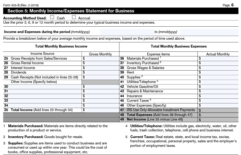An image of the Form F433B used for Income and Expense Analysis