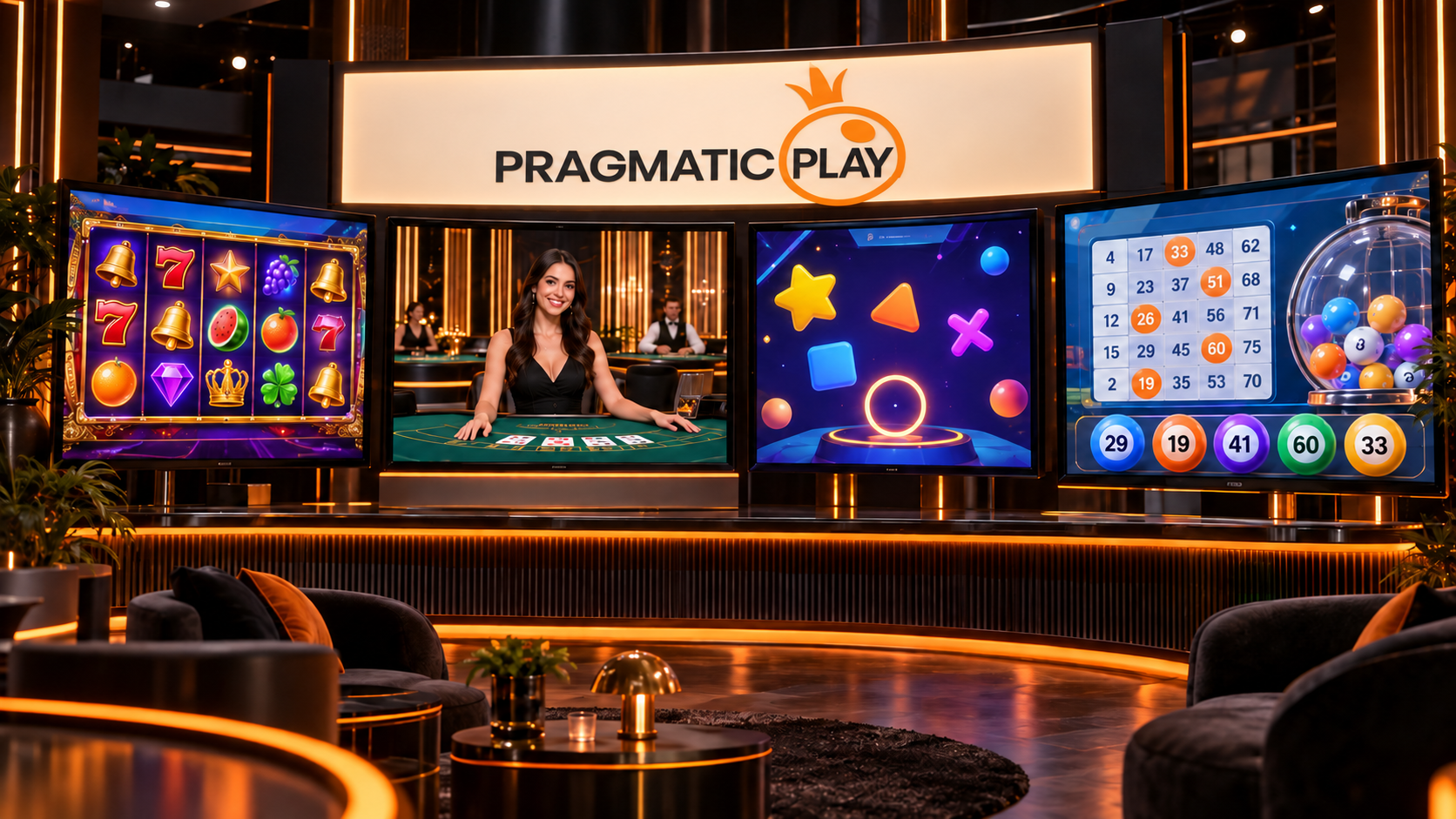 Pragmatic Play-logo boven schermen met een gokkast, live casino, arcadegame en bingo.