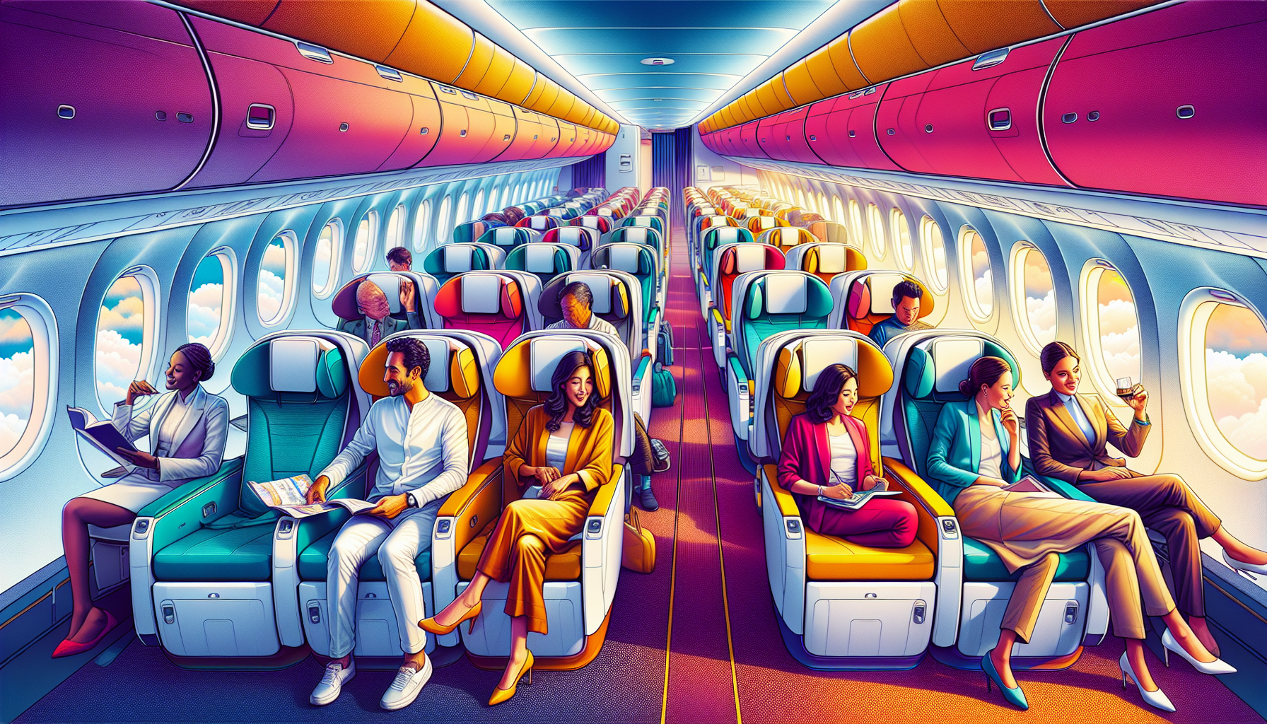 An artistic representation of the comfortable passenger experience inside an Airbus A350.