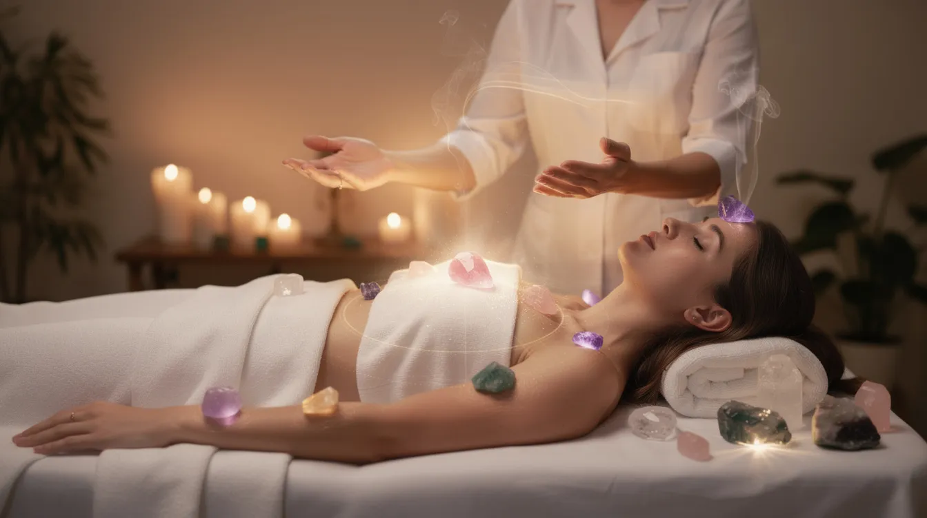 The image depicts a serene reiki healing session where a practitioner uses specific crystals, such as rose quartz, to channel healing energy and promote emotional balance. The calming atmosphere suggests deep relaxation, helping clients release negative energy and achieve inner peace.