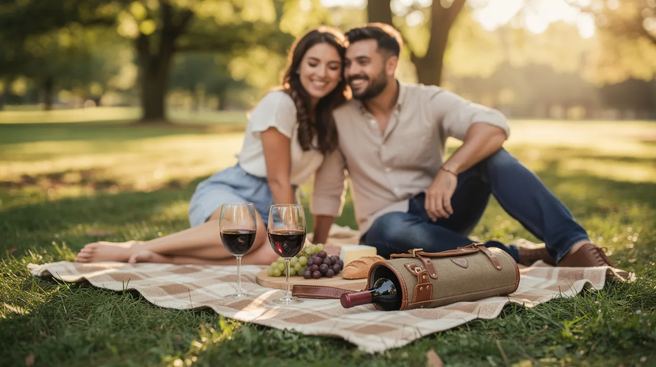 A couple enjoys a picnic on a blanket, surrounded by wine glasses and a stylish wine carrier bag, ideal for wine lovers. The scene captures a moment of relaxation and elegance, showcasing the joy of sharing favorite bottles outdoors.