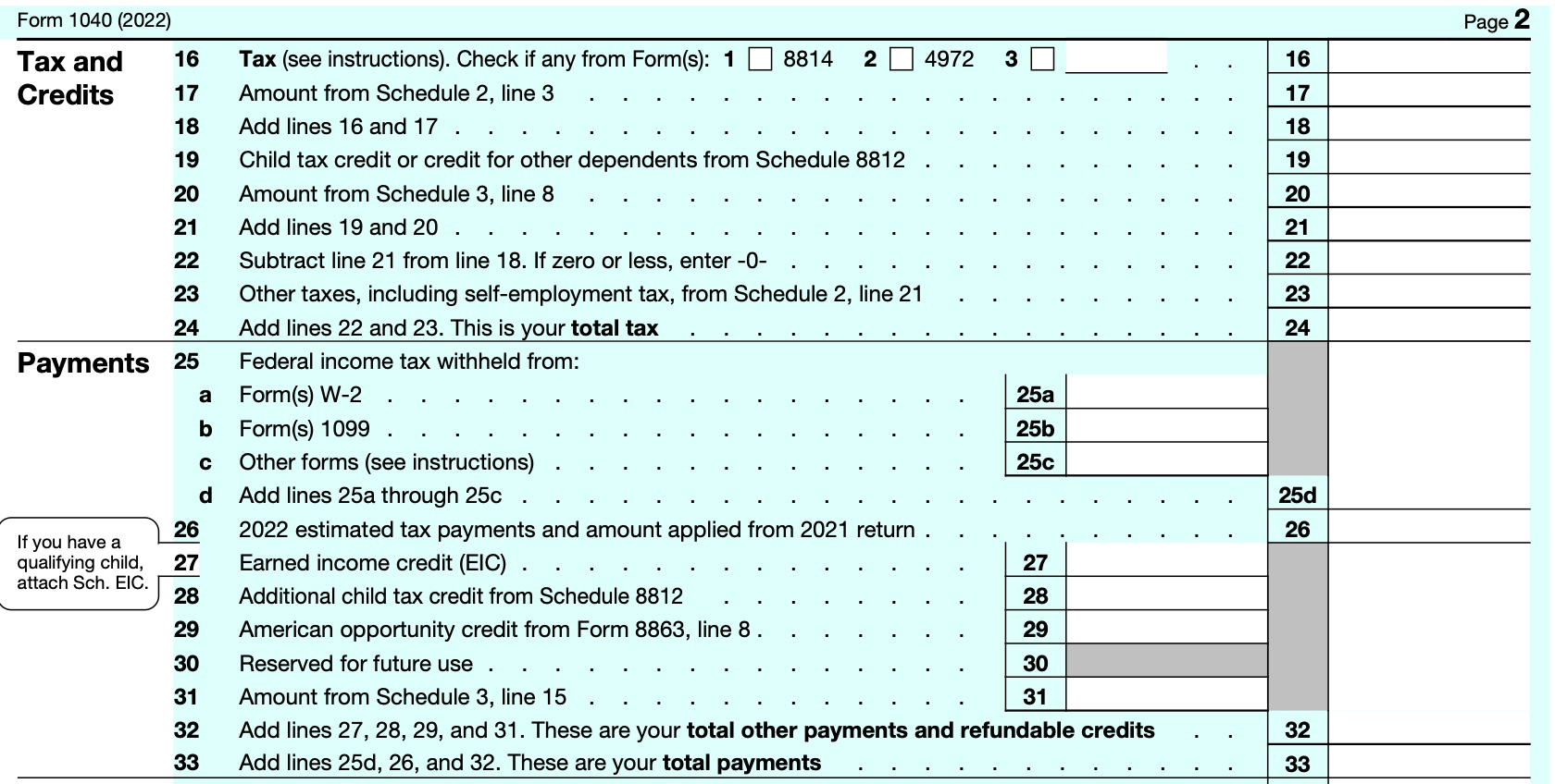 2022 Form 1040 Lines 16-33