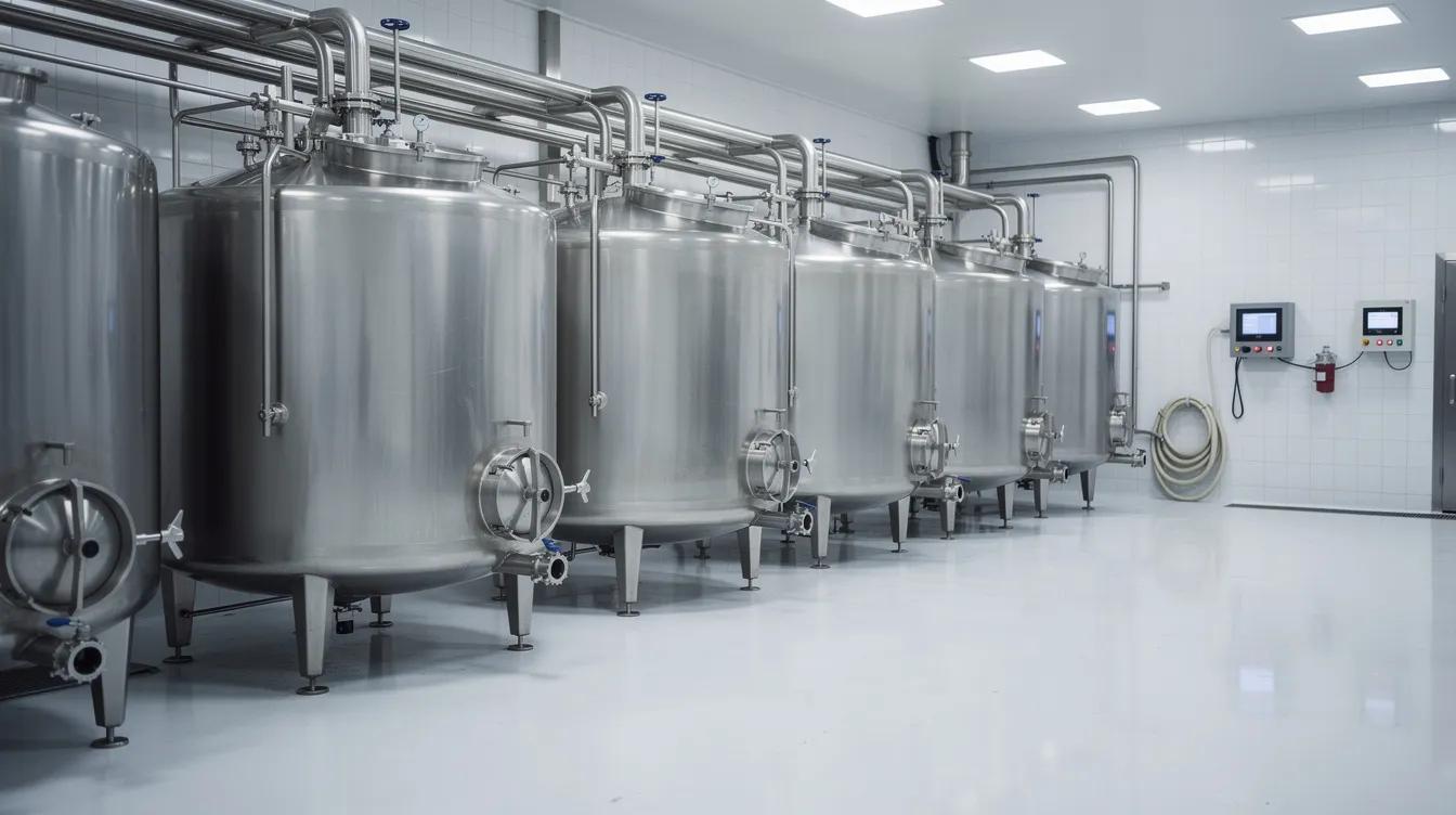 3ac6847a 79f1 4390 9559 9f134217a91d The image depicts industrial stainless steel cheese vats inside a modern dairy processing facility, showcasing the essential equipment used in cheese production. This environment highlights the importance of resource efficiency and quality control in the cheese manufacturing industry, reflecting the operational aspects crucial for manufacturers evaluating capacity expansion.