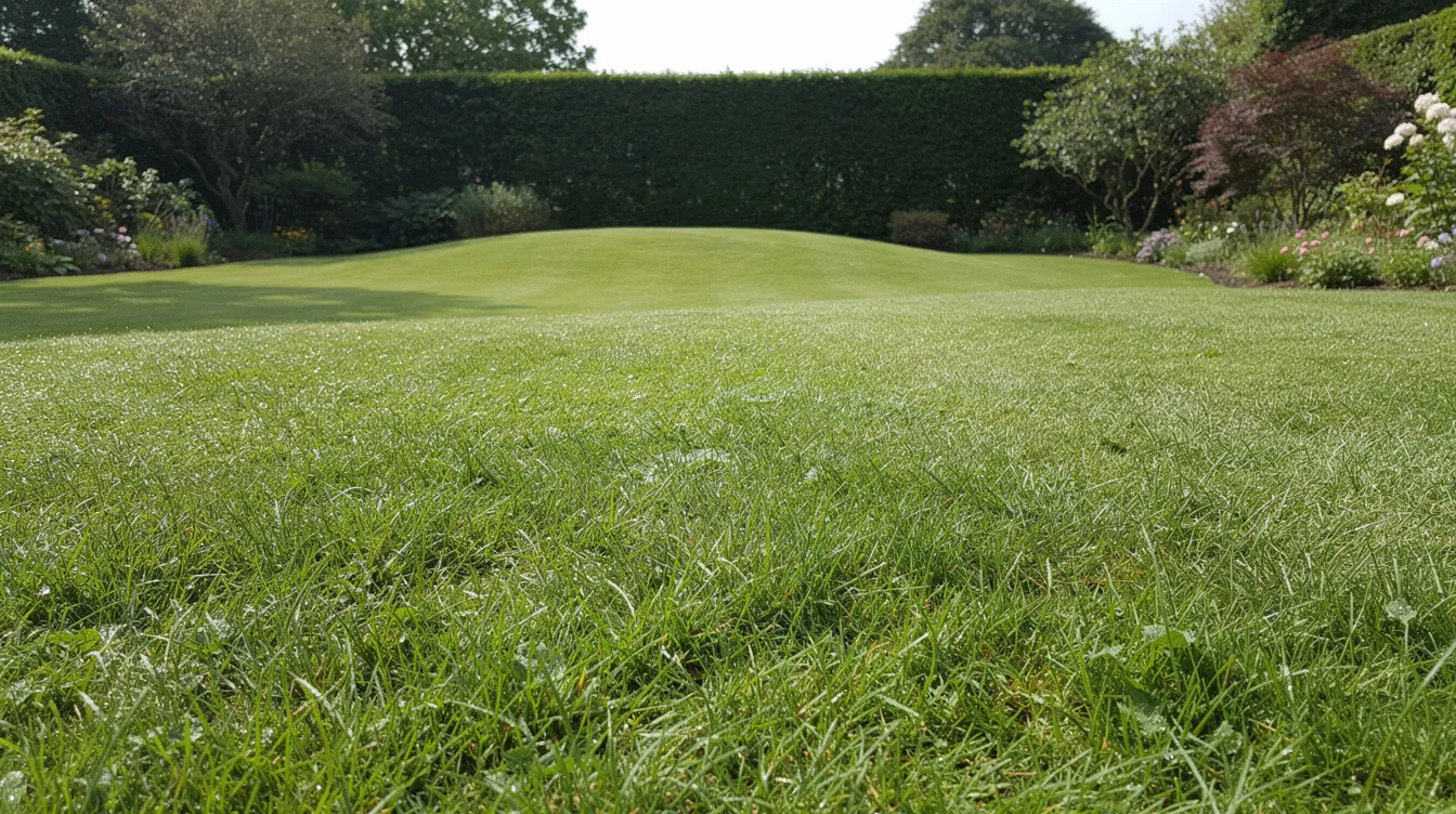 The image depicts a vibrant, green UK lawn, showcasing healthy grass that is lush and dense, ideal for a perfect lawn. This scene exemplifies successful lawn care, highlighting the importance of using quality grass seed and lawn fertilisers to maintain a thriving outdoor space.