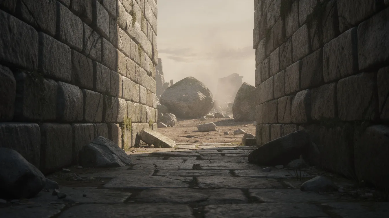 An ancient stone pathway winds through a narrow gap in weathered city walls, leading to barren rocky ground, evoking the stark environment of the Roman world where public executions, including the crucifixion of Jesus Christ, took place. The scene reflects the historical context of capital punishment during the time of the Roman Empire, a somber reminder of the crucified victims who faced such fates.