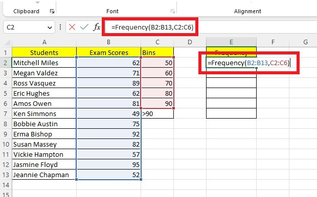 Select an Output range and type the FREQUENCY formula.