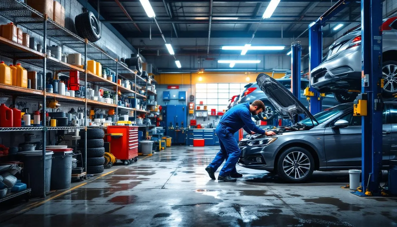 An oil change shop interior is depicted, showcasing a computer setup with a printer ready to produce oil change stickers for vehicle owners. The environment includes supplies and stickers displayed prominently, emphasizing reminders for next oil change mileage intervals, while a logo can be seen on the wall, creating a professional atmosphere for customers.