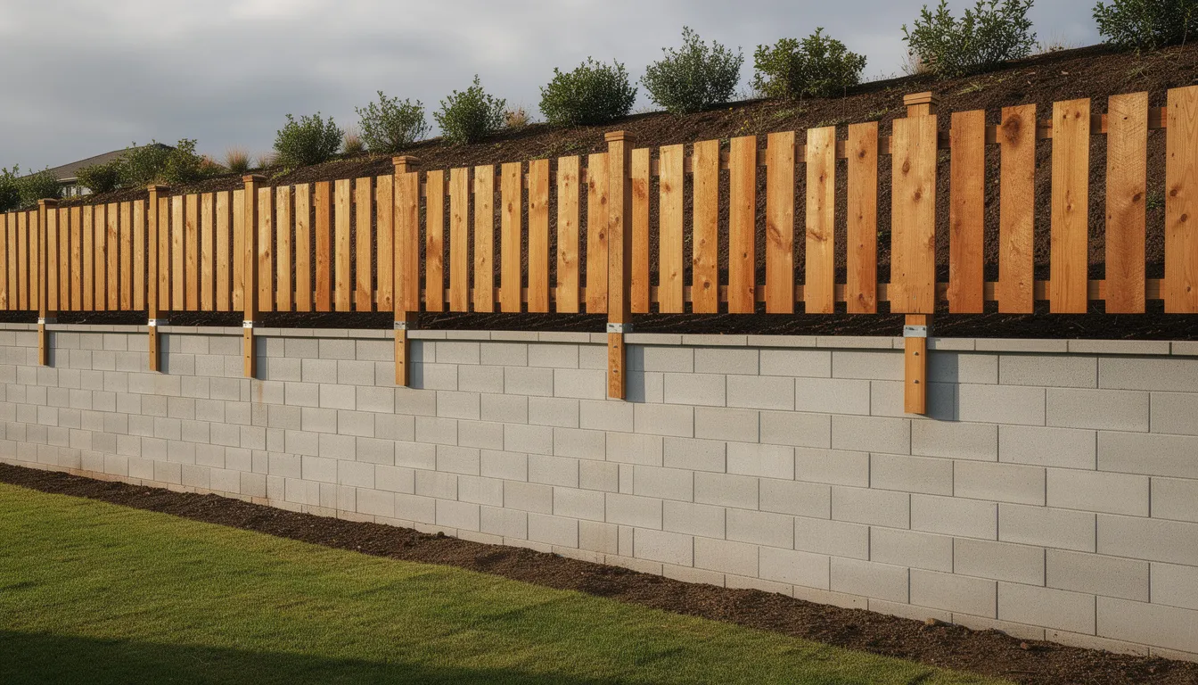 The image shows a wooden safety fence installed securely on top of a retaining wall, designed to enhance safety and prevent accidents in outdoor spaces. The structure emphasizes the importance of adhering to local building codes and regulations, particularly when undertaking a retaining wall project on sloping ground.