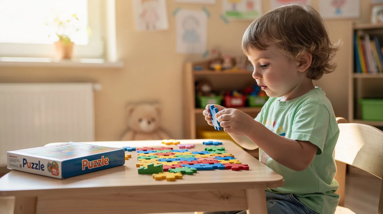 Przedszkolak układa kolorowe puzzle przy stole