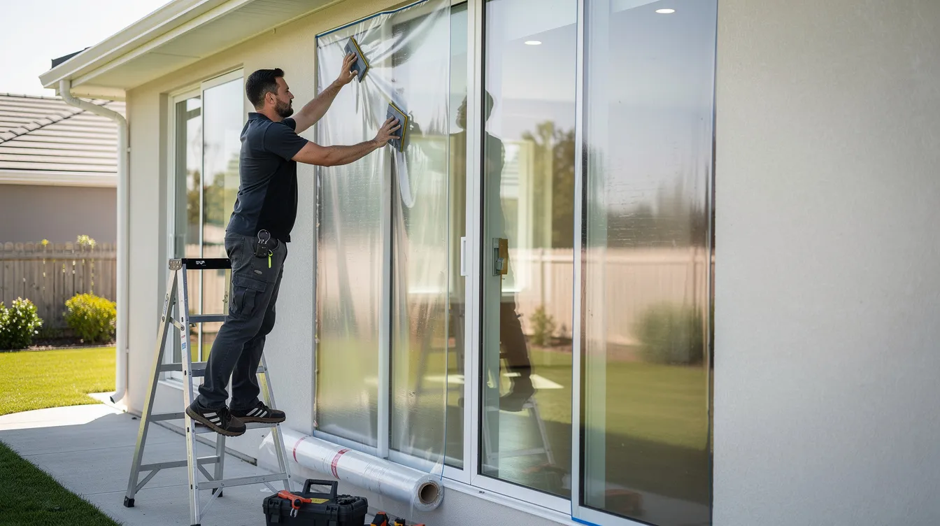 A man is installing turf guard window film on two windows of a house to protect the artificial turf from melting due to the sun's damaging reflection and high temperatures. The film is designed to reduce window glare while allowing natural light to enter, creating an energy-efficient solution for homeowners.