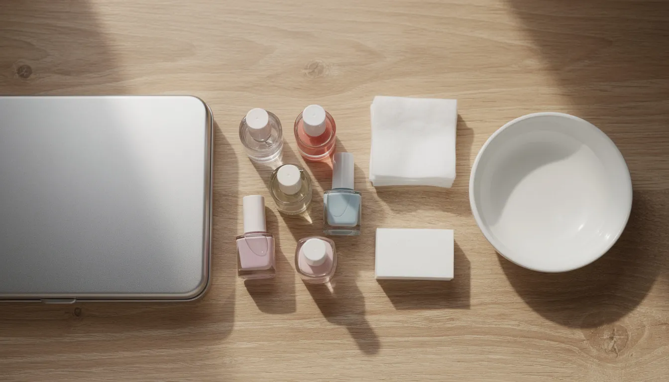 An overhead view of a well-organized manicure station features a metal tin, glass bottles, cotton pads, and a ceramic bowl, all arranged neatly on a wooden table. The setup suggests the use of non-toxic nail polish products, ideal for achieving beautiful nails without harmful chemicals.