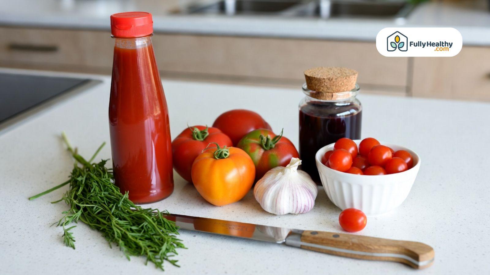 Homemade tomato ketchup ingredients including tomatoes, vinegar, garlic, and herbs arranged on a kitchen countertop.