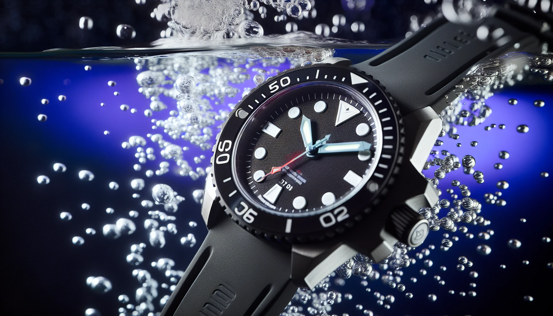 Dive watch with a rubber strap submerged in water