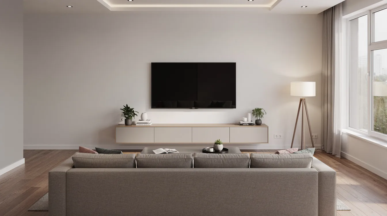 The image depicts a modern living room featuring a wall-mounted TV with neatly organized cables, emphasizing a clean and stylish entertainment space. This setup is ideal for enjoying uninterrupted entertainment, showcasing the benefits of professional DSTV installation services for an optimal viewing experience.