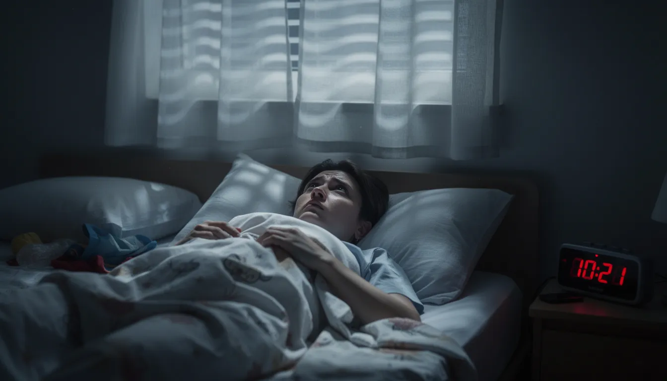 A person lies awake in bed, staring at the ceiling, embodying the frustration of chronic insomnia and the struggle with sleep disorders. The image captures the difficulty of falling asleep and the impact of poor sleep hygiene on mental health and overall quality of life.