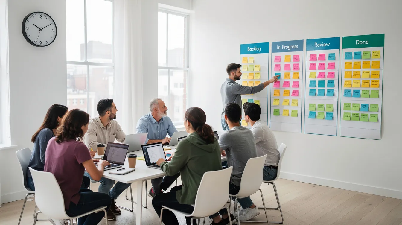 Une équipe dynamique se réunit dans une salle de réunion lumineuse, entourée de laptops et d'un tableau kanban physique avec des cartes colorées accrochées au mur. Cette image illustre l'importance de l'intelligence collective et de la collaboration dans le milieu professionnel, favorisant la créativité et la prise de décision collective.