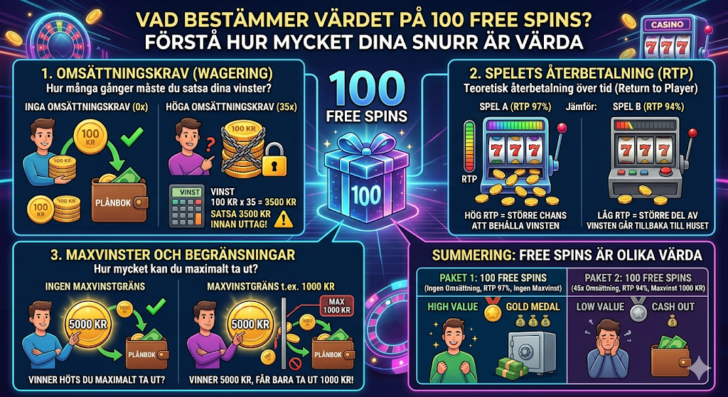 100 freespins på casino – guide som visar värdet av freespins, omsättningskrav, RTP och hur freespins påverkar vinster på online casino