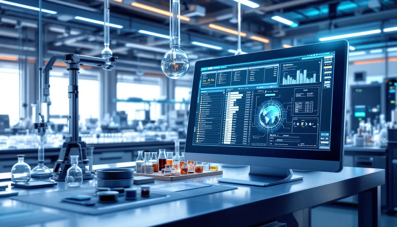 An illustration of a laboratory information management system (LIMS) showcasing its key features, such as sample tracking, data management, and workflow automation, highlighting how it enhances laboratory efficiency and ensures regulatory compliance. The image depicts lab staff interacting with LIMS software to manage laboratory data and streamline operations.
