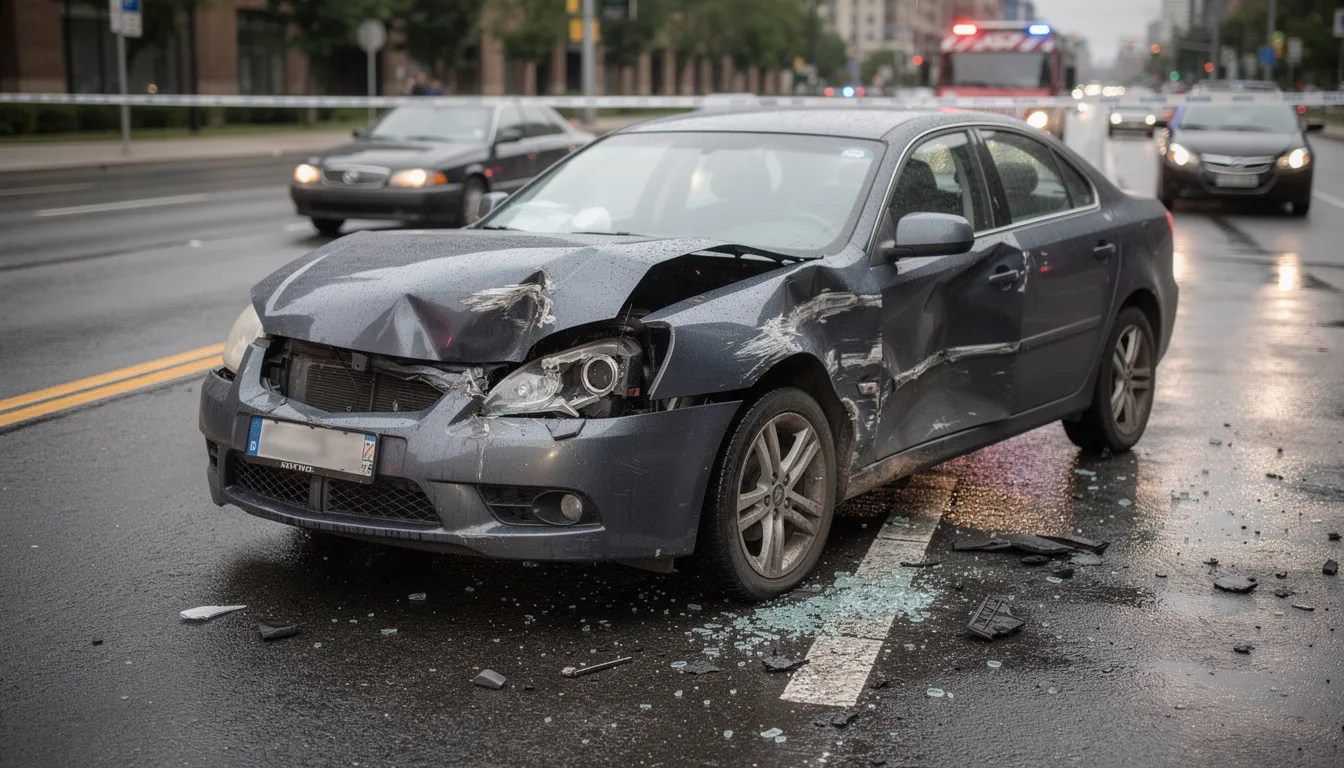 Das Bild zeigt ein beschädigtes Fahrzeug nach einem Verkehrsunfall auf einer Straße, wobei der Unfallschaden deutlich sichtbar ist. Ein Kfz-Gutachter in Düsseldorf könnte hier eine Begutachtung durchführen, um den Schadensbetrag für die Versicherung zu ermitteln.