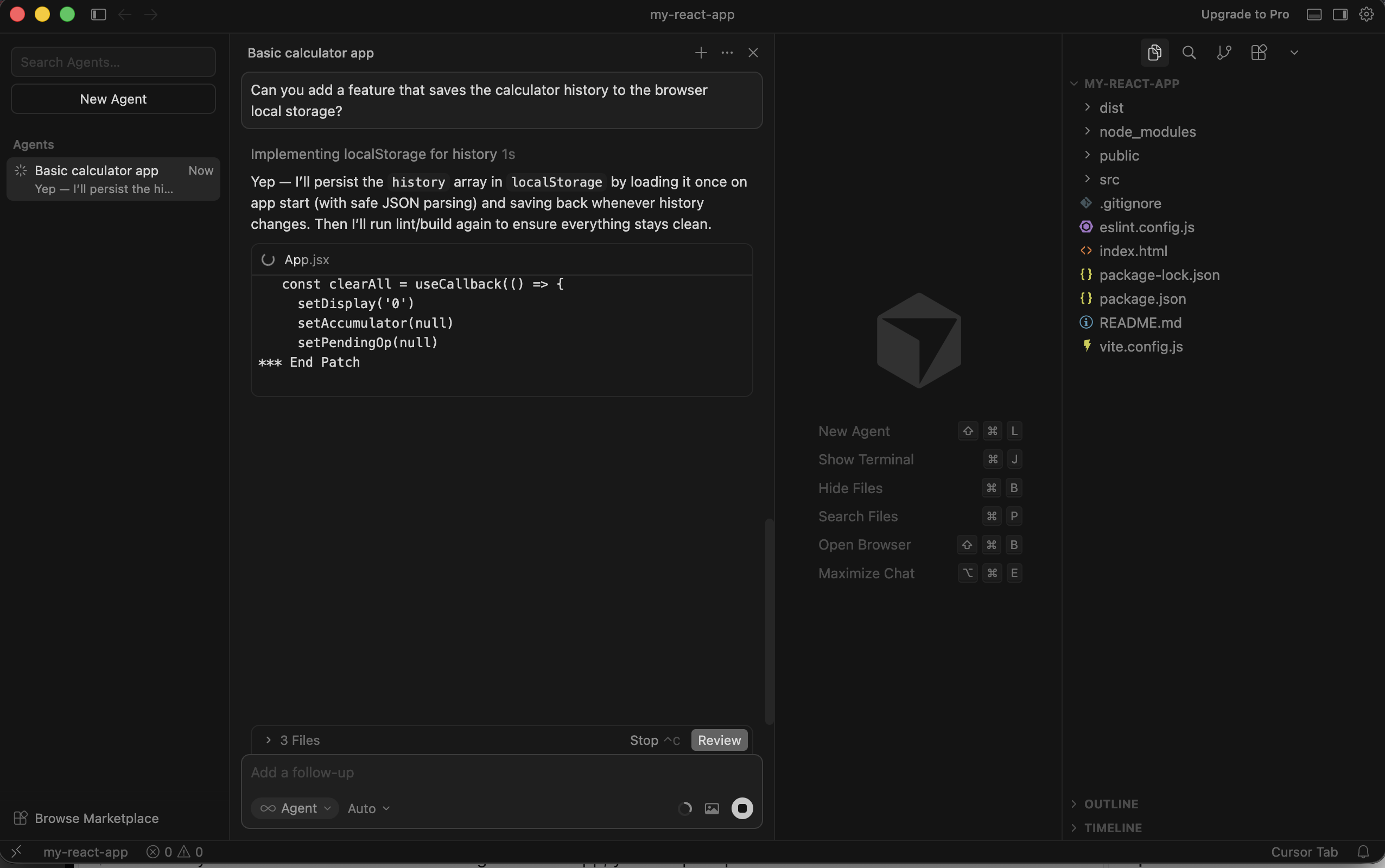 Asking Claude to add a feature that automatically saves the history to browser local storage