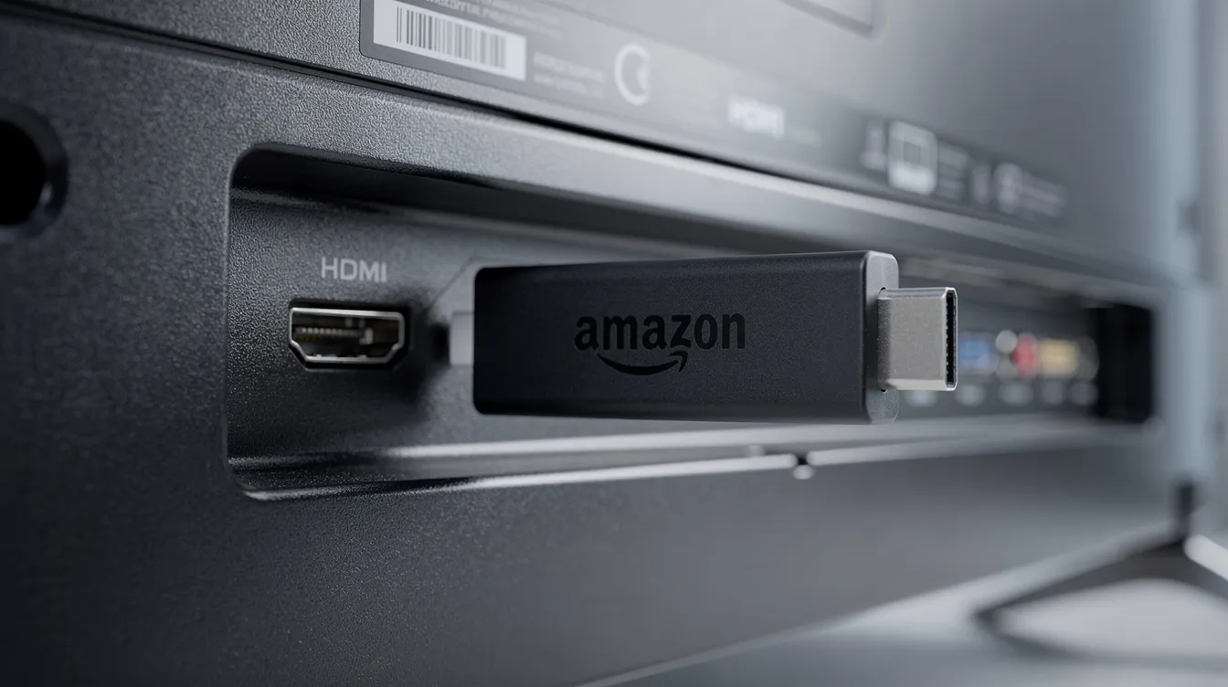 A close-up image shows an Amazon Firestick connected to the HDMI port of a modern television, illustrating the seamless integration of IPTV technology for streaming live UK channels and international content. This setup enhances the viewing experience for users seeking high-quality, on-demand content with a stable internet connection.
