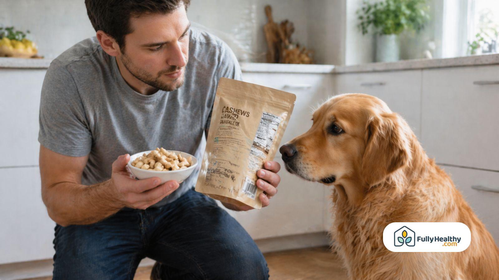 Man checking cashew package while golden retriever watches in bright kitchen