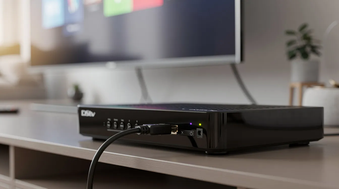 A close-up image shows a DStv Explora decoder connected to a modern flat-screen TV via an HDMI cable, set in a cozy living room environment. The setup highlights the connection between the decoder and TV, essential for accessing DStv channels and features.