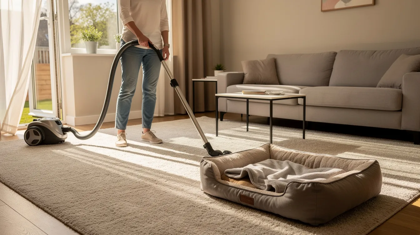 A homeowner is vacuuming a living room carpet near a dog bed, with an open window in the background allowing fresh air to circulate. The cleaning process aims for a thorough cleaning to eliminate pet odors and maintain clean floors in the home.