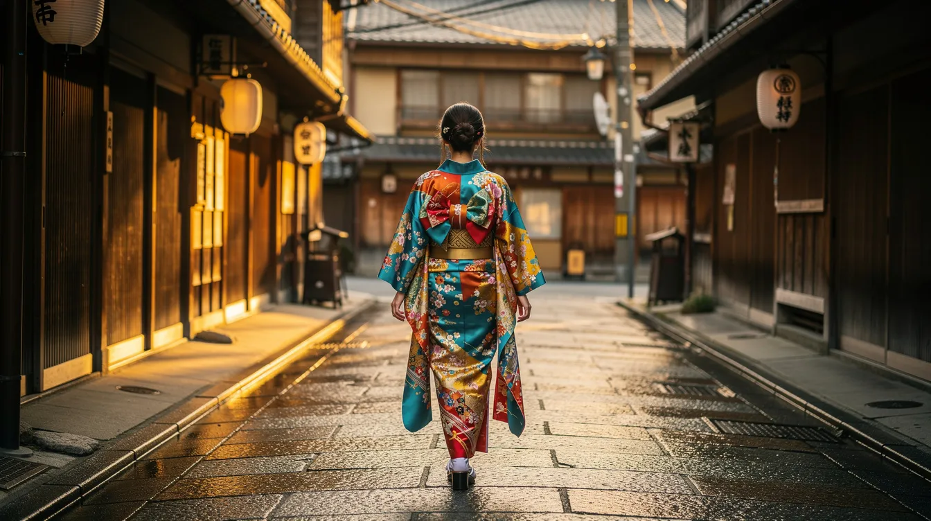A person wearing a colorful kimono walks slowly along a traditional stone-paved street in Kyoto, flanked by wooden shopfronts. Their graceful posture and elegant movements reflect the rich Japanese culture, as they gently lift one foot in a mindful manner, embodying the etiquette of wearing traditional Japanese clothing.