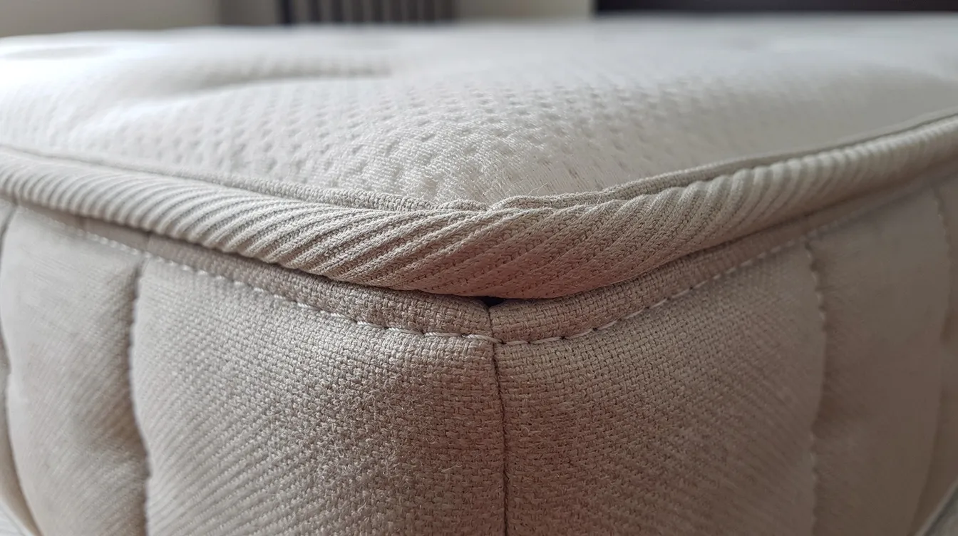 A close-up image of a mattress corner reveals visible seams and piping where adult bedbugs often hide, indicating potential areas for a bed bug infestation. The reddish-brown bugs, known for feeding on human blood, can be found in crevices and seams of mattresses and upholstered furniture.