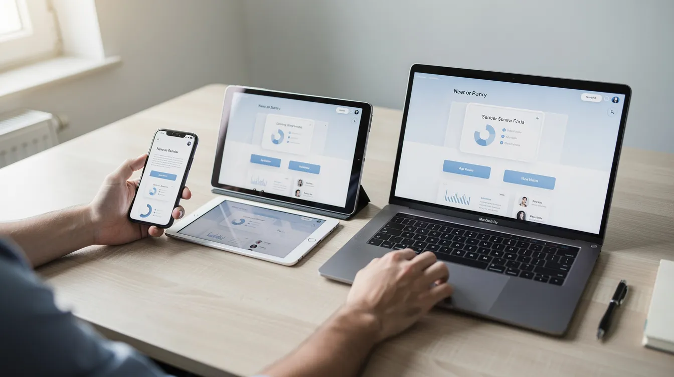 A person is testing a website on a smartphone, tablet, and laptop arranged side by side on a wooden desk, showcasing the importance of responsive design and user experience in web development for small business owners. This scene highlights the technical expertise needed for website development and the ongoing maintenance required to keep a business website up to date.
