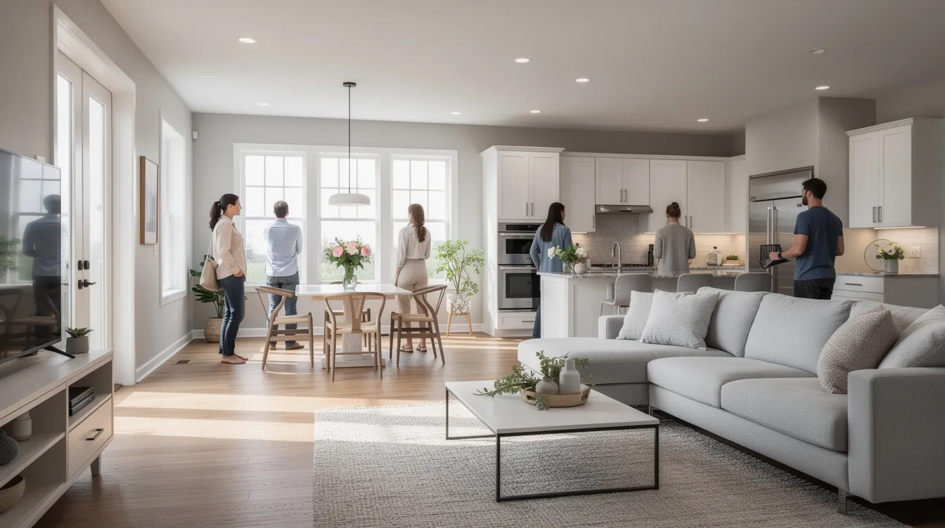 The image depicts an open house event for a property, showcasing a well-lit interior space filled with tasteful decor and inviting furniture, designed to attract potential buyers. The setting emphasizes the services provided by real estate professionals, including detailed information about the listings and virtual tours available on real estate websites, enhancing the overall experience for visitors.