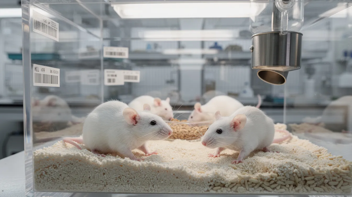 The image shows white laboratory mice housed in a controlled research environment, where they are being monitored for the effects of virgin olive oil treatment. Researchers are assessing the health span and lifespan of these mice, comparing those treated with olive oil to untreated controls, in a study focused on aging and potential health benefits.