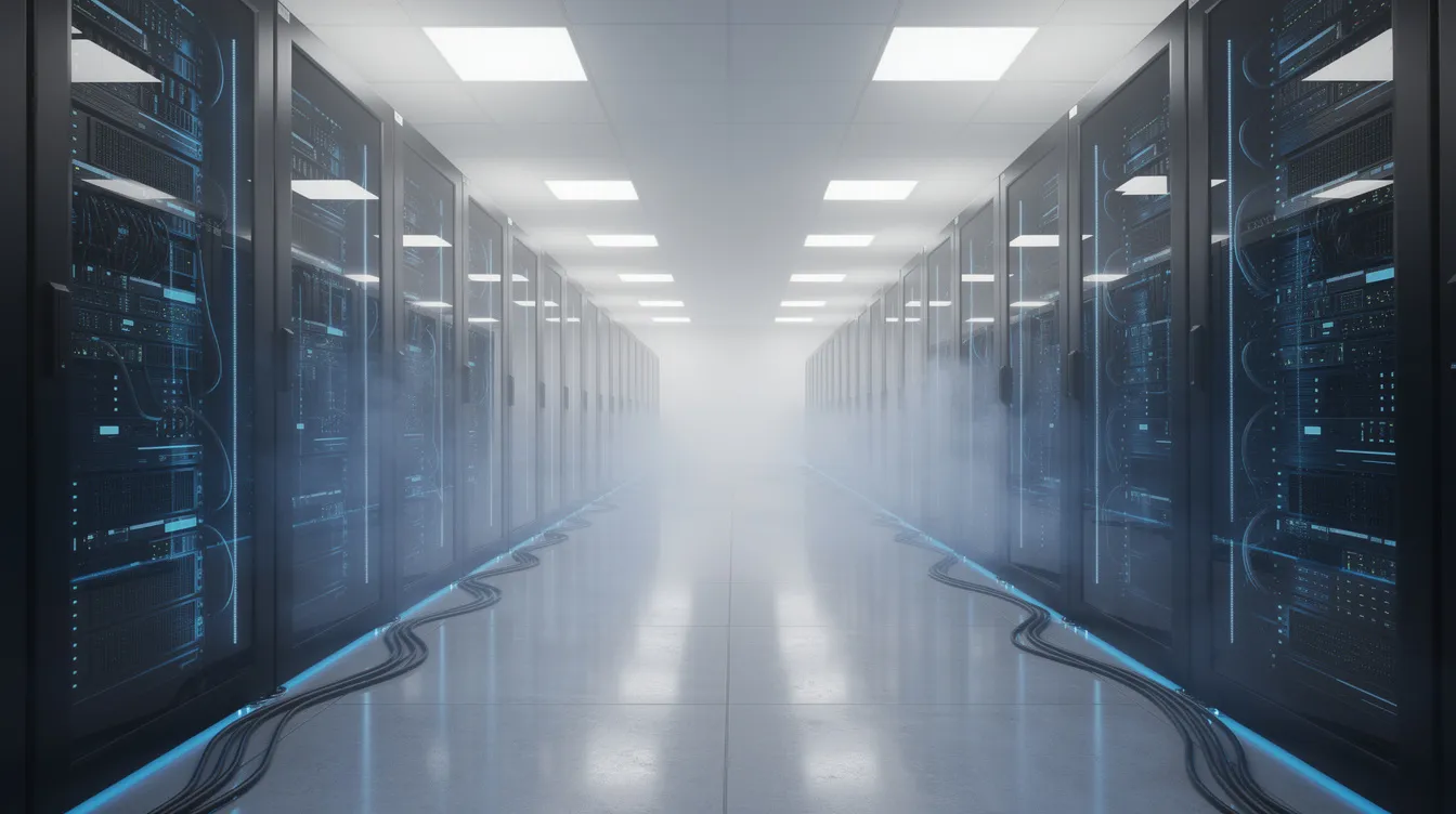 Nowoczesne centrum danych z rzędami serwerów emituje niebieskie światło, tworząc futurystyczną atmosferę. W tle widać złożone systemy, które obsługują najpotężniejszy model AI, zapewniając bezpieczeństwo i wydajność w branży technologicznej.