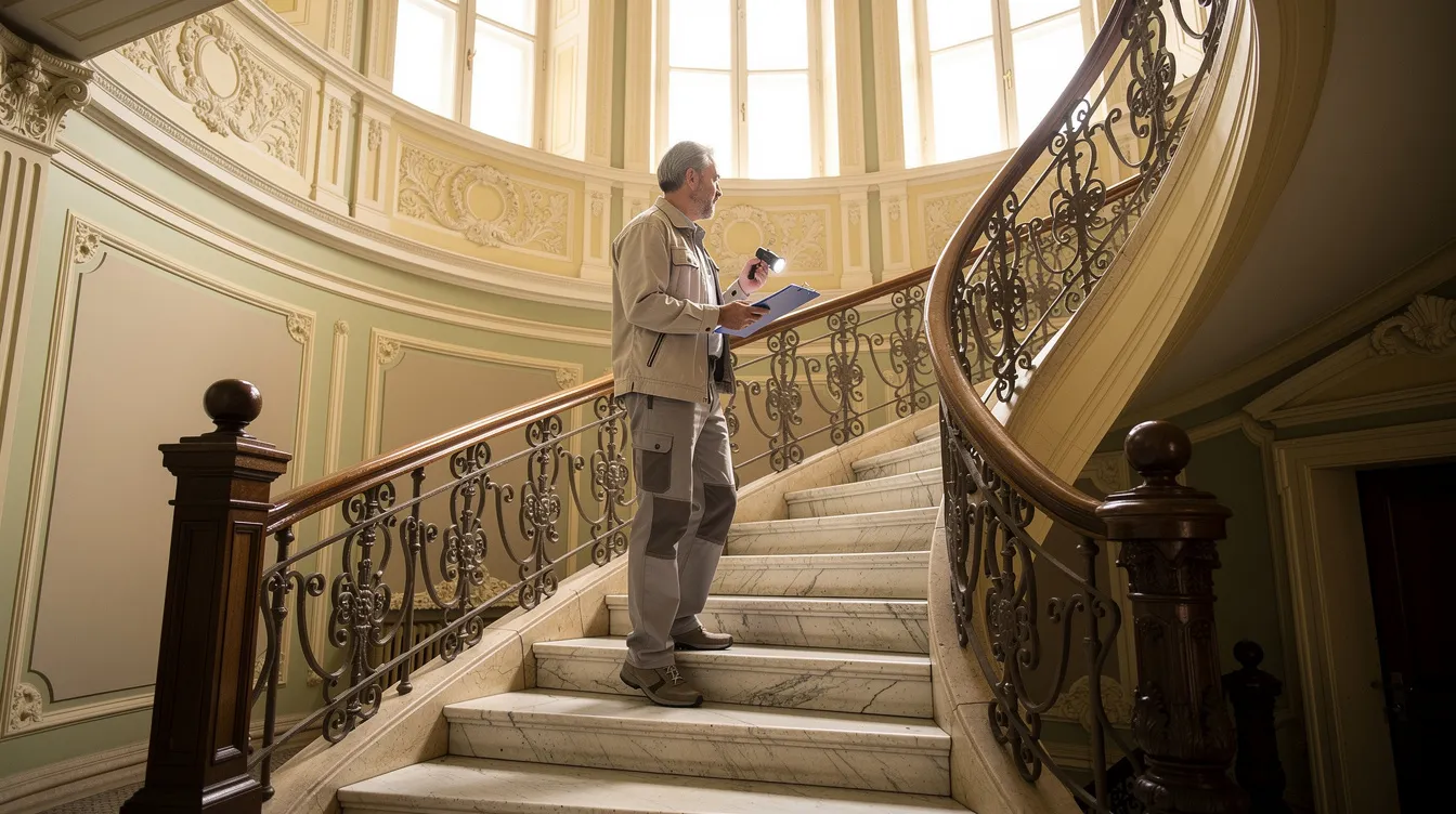 Ein professioneller Hausmeister inspiziert eine Treppe in einem klassischen Wiener Wohnhaus mit Marmorstufen. Der Fokus liegt auf der sorgfältigen Kontrolle der Instandhaltung und Sauberkeit in den Gemeinschaftsbereichen des Gebäudes.