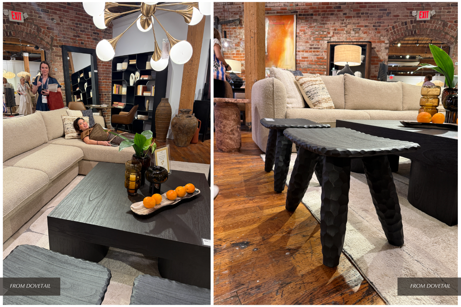 black-stained furniture, reclaimed wood, and textured walls (brick accent walls) in the showrooms at HPMKT